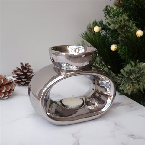 Silver Chrome Elegance Ceramic Wax Melt Burner Melter - Silver Chrome Wax Burner UK - Pearly Scents - www.pearlyscents.com